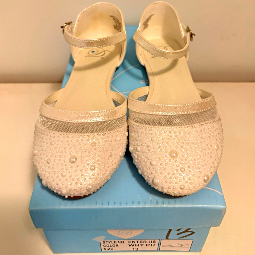 Girls Mary Jane Dress Flats White Beaded Buckle Ankle Strap Round Toe Size13 kid